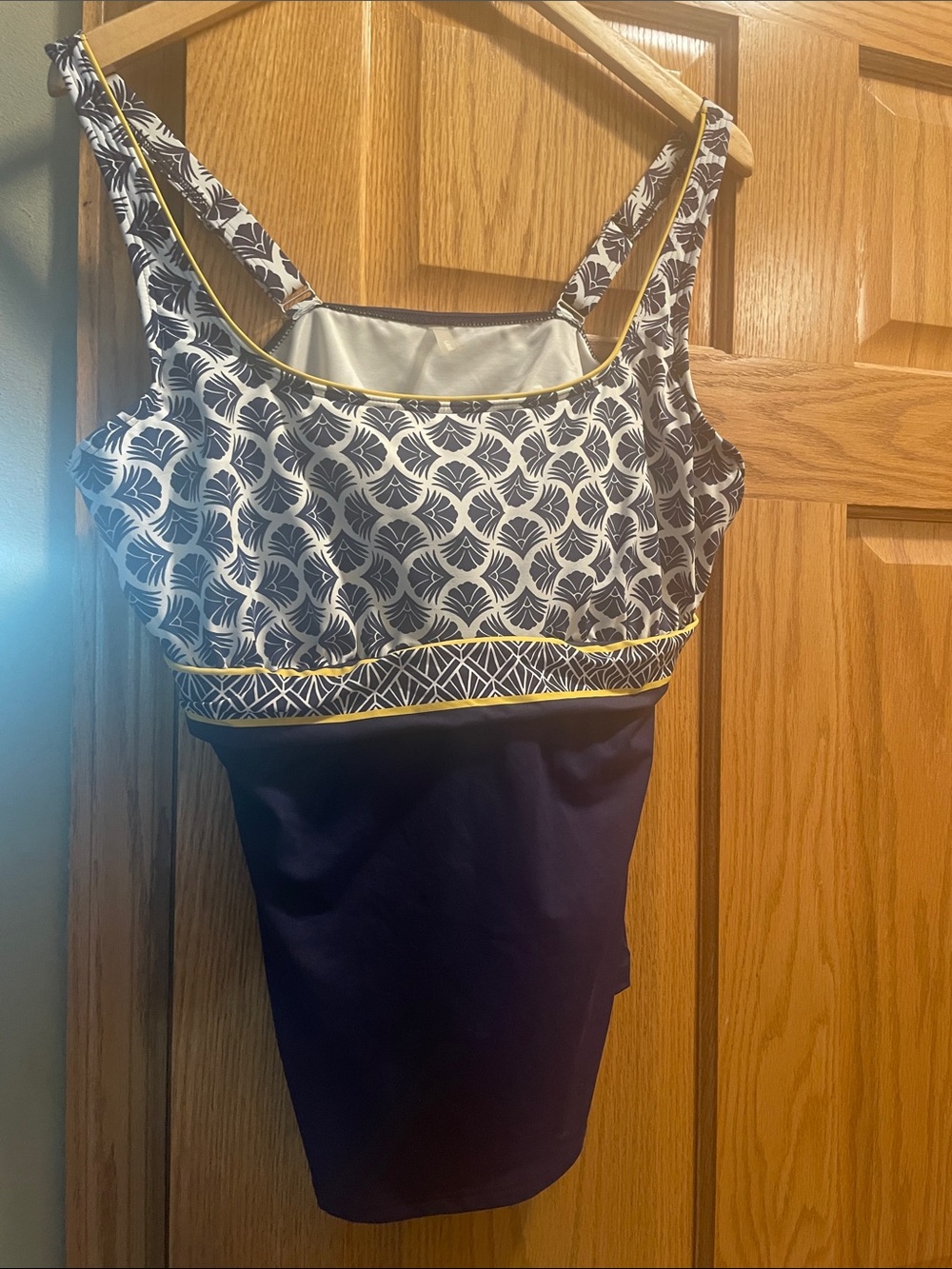 Navy and White Patterned One-Piece Swimsuit top  with Yellow Trim